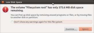 root file store device out of space warning